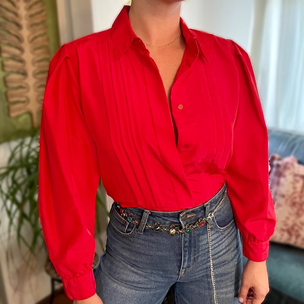 VTG 80s Bright Red Button Up Blouse Top SZ 14